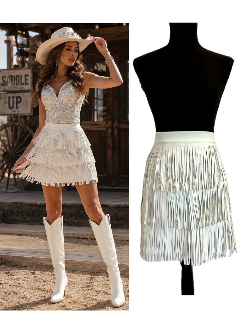 Jade by Jane White Faux Leather Fringe Mini Skirt Sz L Western Cowgirl Festival